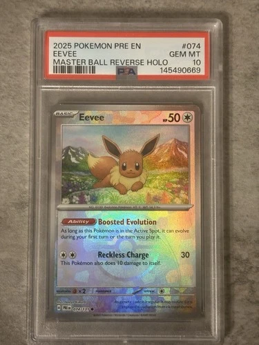 PSA 10 EEVEE 2025 Pokemon PRE EN #074 Master Ball Reverse Holo