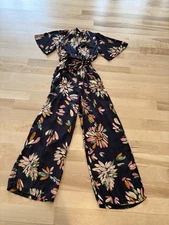 Frnch Jumpsuit Size XL Belted Navy Hawaiian Floral Casual Vacation Datenight