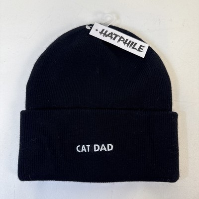 Cat Dad Knitted Beanie Black Hat Embroidered Soft Cozy Cute Gift
