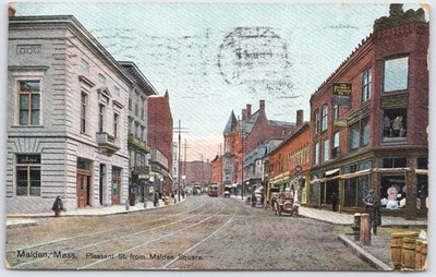 Malden, MA Pleasant St from Malden Square 1911 Postcard Hugh C. Leighton