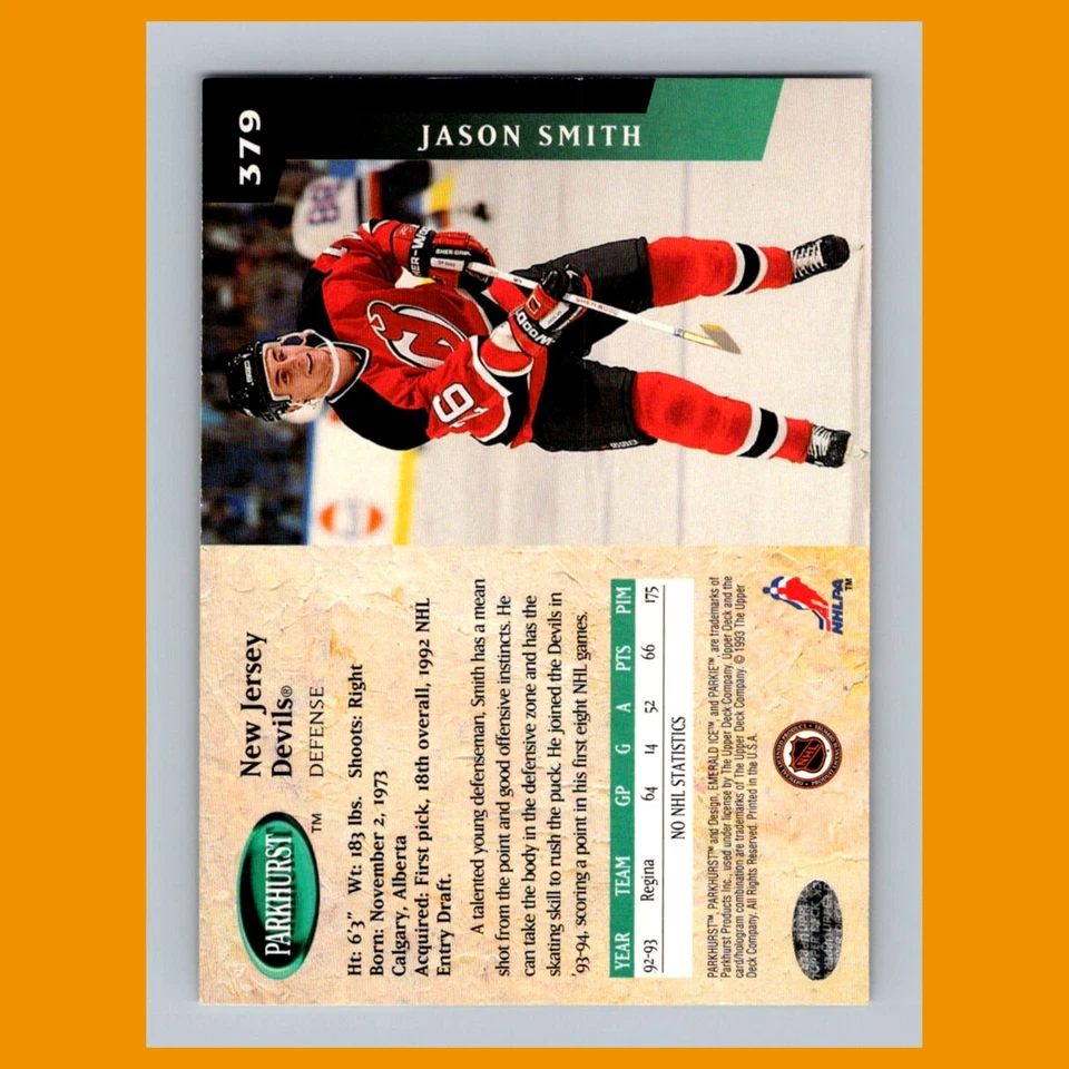 Jason Smith Rookie #379 1993 Parkhurst Emerald Ice New Jersey Devils Hockey Card - Image 2 of 3