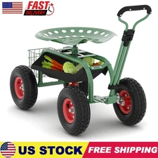 Rolling Garden Cart with Seat and Wheels Tool Tray & Steer Handle Green