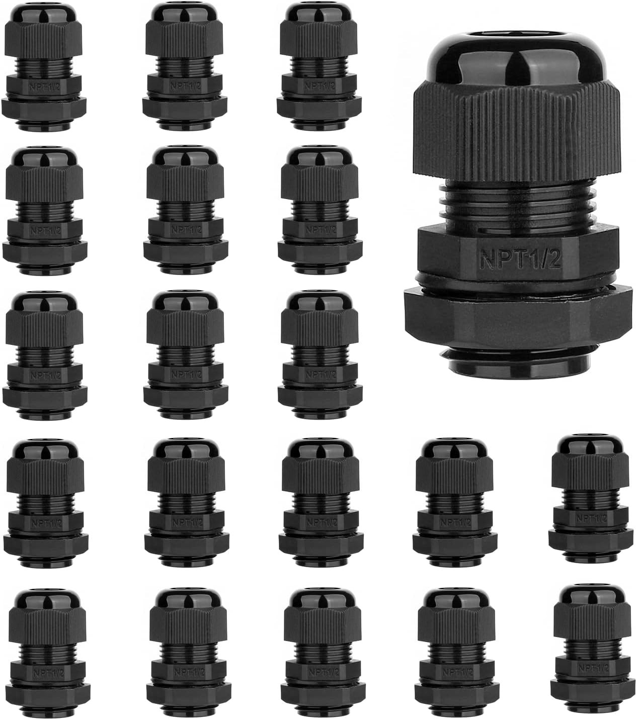 20 Pack 1/2'' NPT Cable Gland Waterproof Adjustable 6-12Mm/0.24-0.47Inch Nylon C
