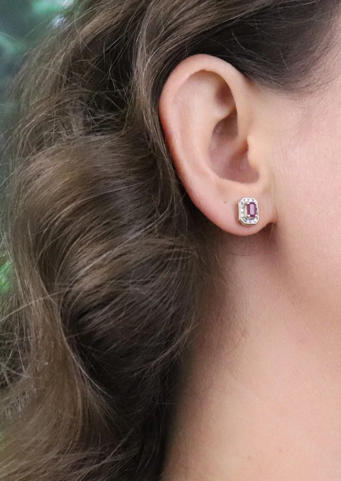 Pendientes de diamantes y rubíes naturales de oro amarillo de 10 k de 3/8" x 1/4" pulgadas Foto 2 de 4