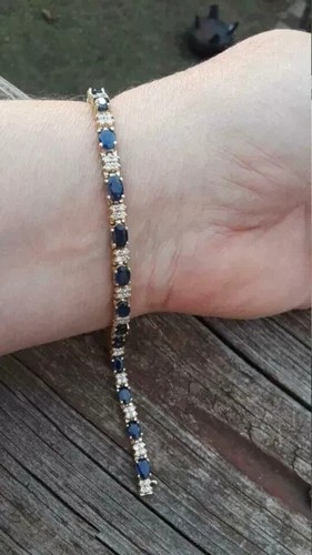 3CT Oval Simulated Blue Sapphire Diamond Tennis Bracelet 14K Yellow Gold Plated - Picture 4 of 4