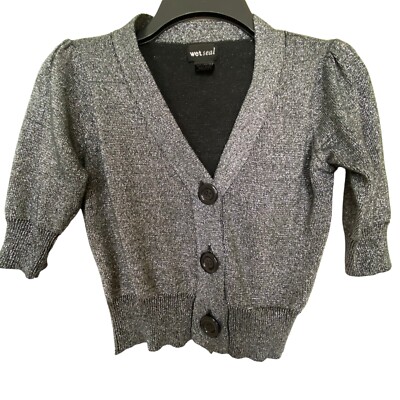 Wet Seal Womens Sweater Size S Cropped Short Sleeves Silver Sparkle Front  Button