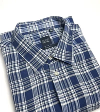 BLUE by Saks Fifth Avenue Plaid Linen Button Down Shirt Blue White Slim Fit L