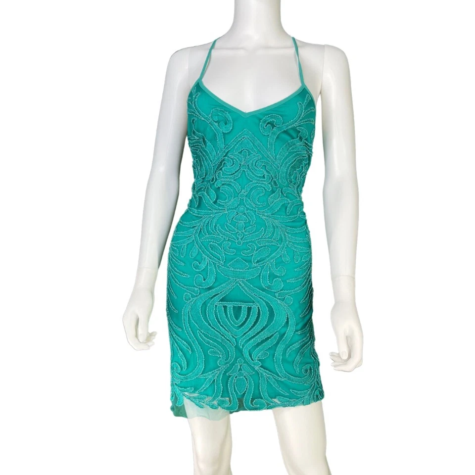 Party Formal Short Spaghetti Strap Prom Green Beaded Embroidery Dress Sz Medium - Image 3 of 4