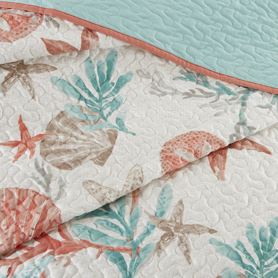 JUEGO COMPLETO DE EDREDÓN CORAL BEACH 6 piezas Queen: coral aqua shell playa cobertor tropical Foto 2 de 4