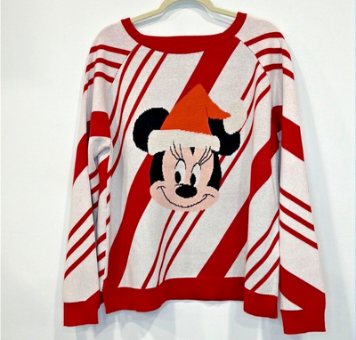 Disney Santa Minnie Mouse Holiday Sweater 2023 Christmas Candy Cane Stripes  L | eBay