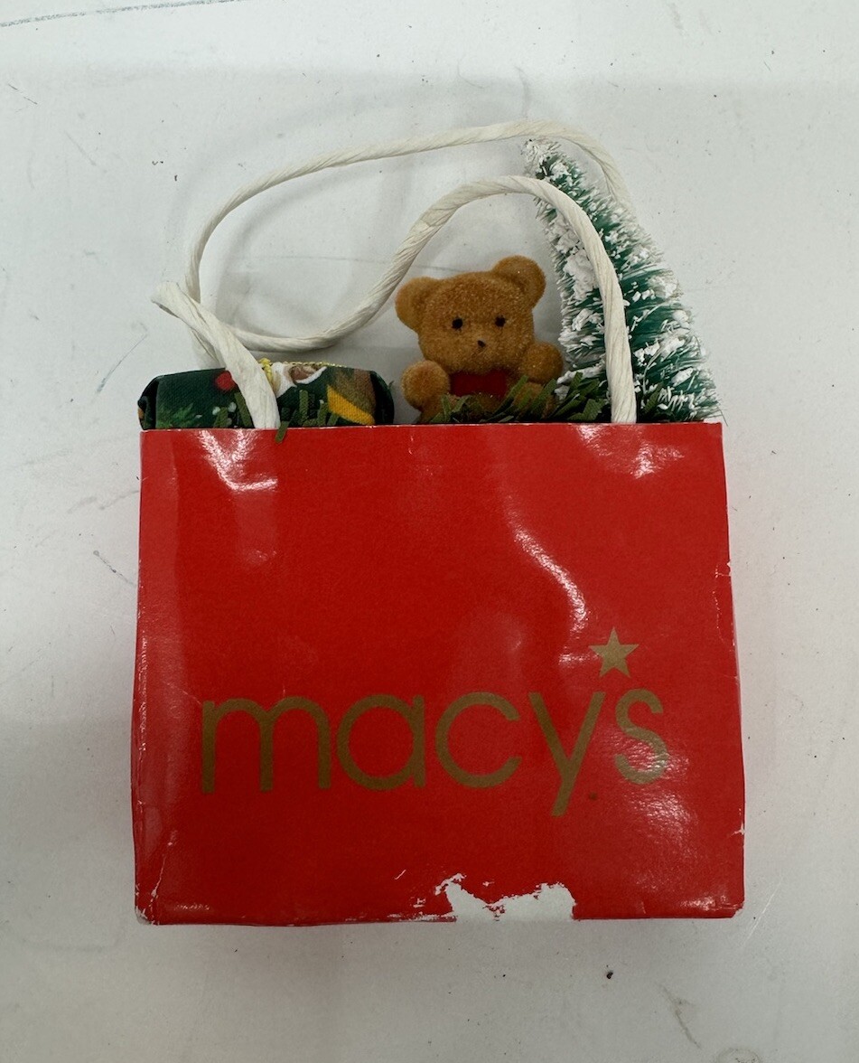 Macy's Holiday shopping bag ornament Flocked Bear Shopping bag