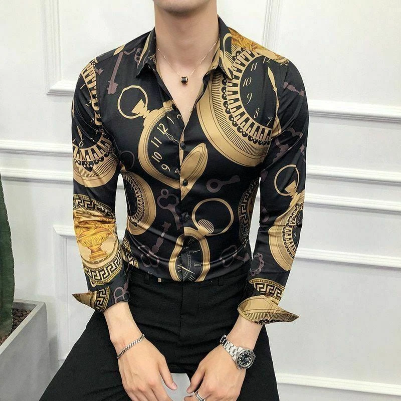 Compatible W Versace Print Casual Slim Fit Men Long Sleeved Shirt Gift High  End