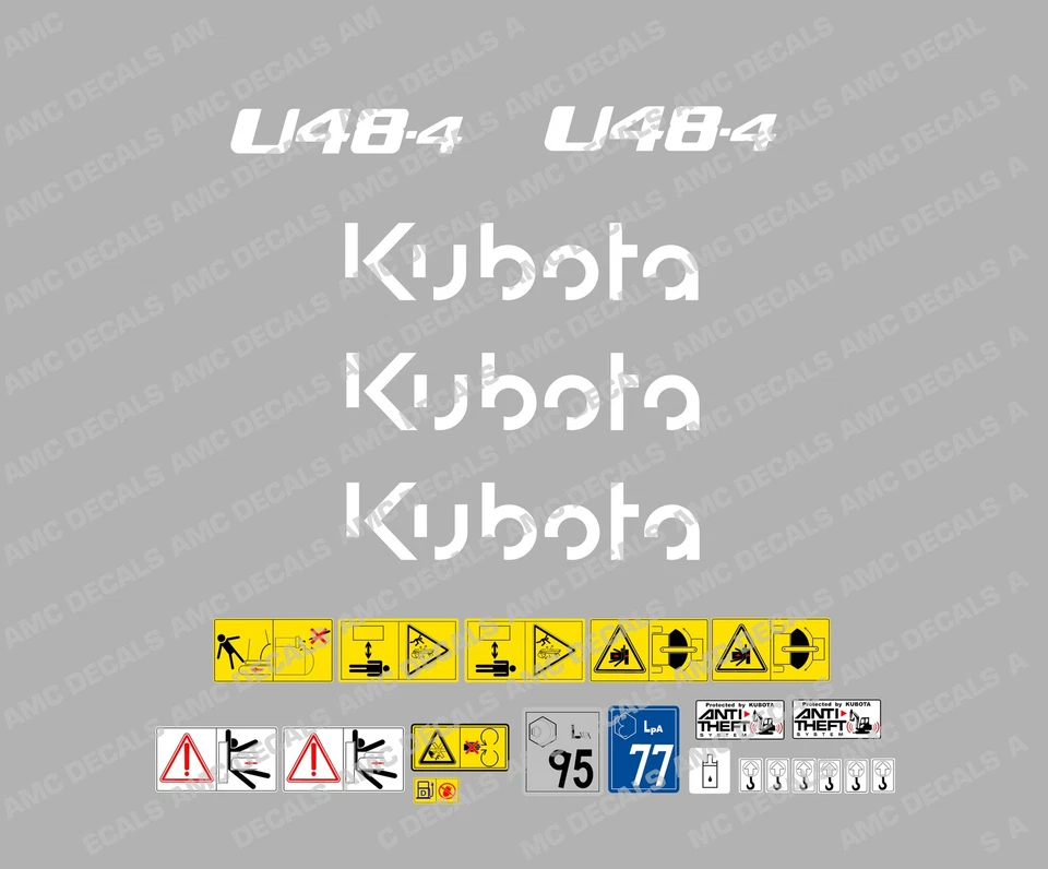 KUBOTA U48-4 MINI DIGGER COMPLETE DECAL SET WITH SAFETY WARNING SIGNS