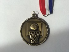 Gold Tone BASKETBALL MEDAL Award Trophy Sports Athlete w/ Ribbon 2” Diameter