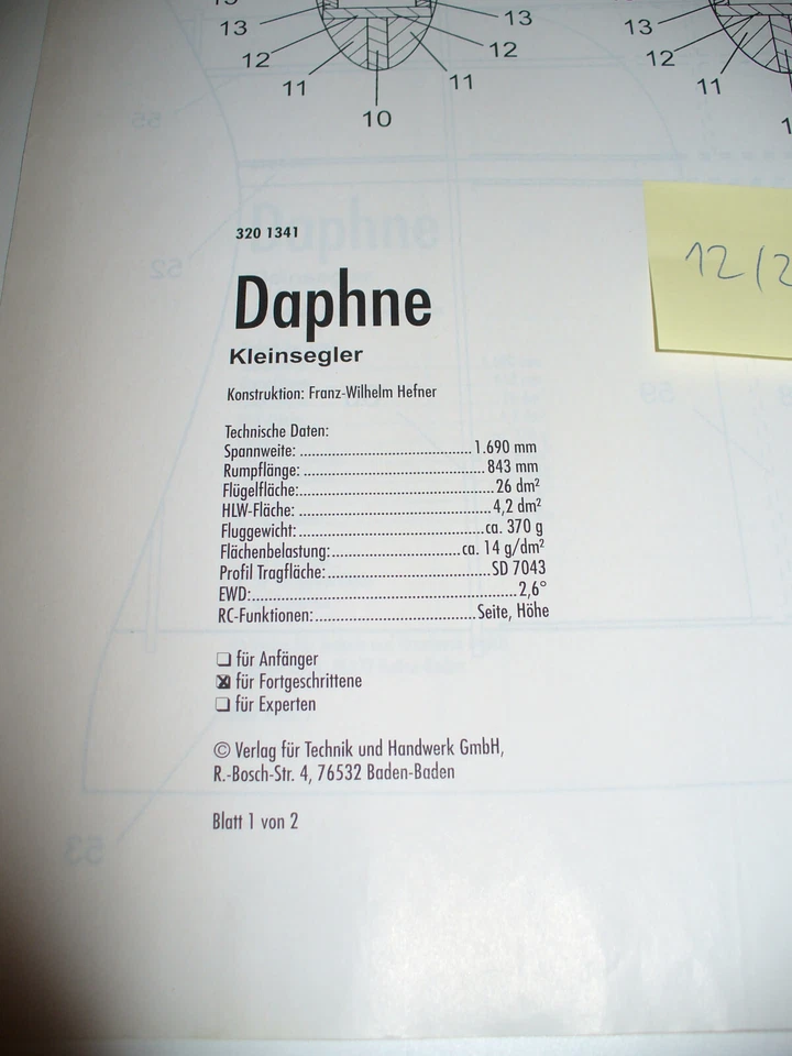 Daphne - Bauplan aus FMT FLUGMODELL UND TECHNIK 12/2007 – ohne Zeitschrift - Bild 2 von 2
