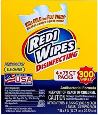 Redi Wipes Disinfecting Wipes 4x75 Count Packs- Lemon Scent - 300 Wipes New