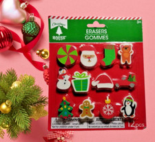 Holiday Christmas Erasers Set of 12 Pieces Assorted Shapes Christmas House