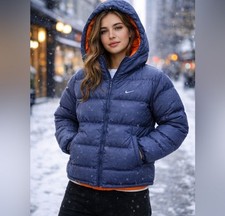 Nike Y2K Sports Boys Hooded Down Puffer Jacket Full Zip Pockets M Blue/Orange