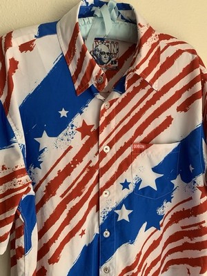L Dixxon Flannel Co Red White Blue Hawaiian Button Shirt Stars Stripes USA Flag