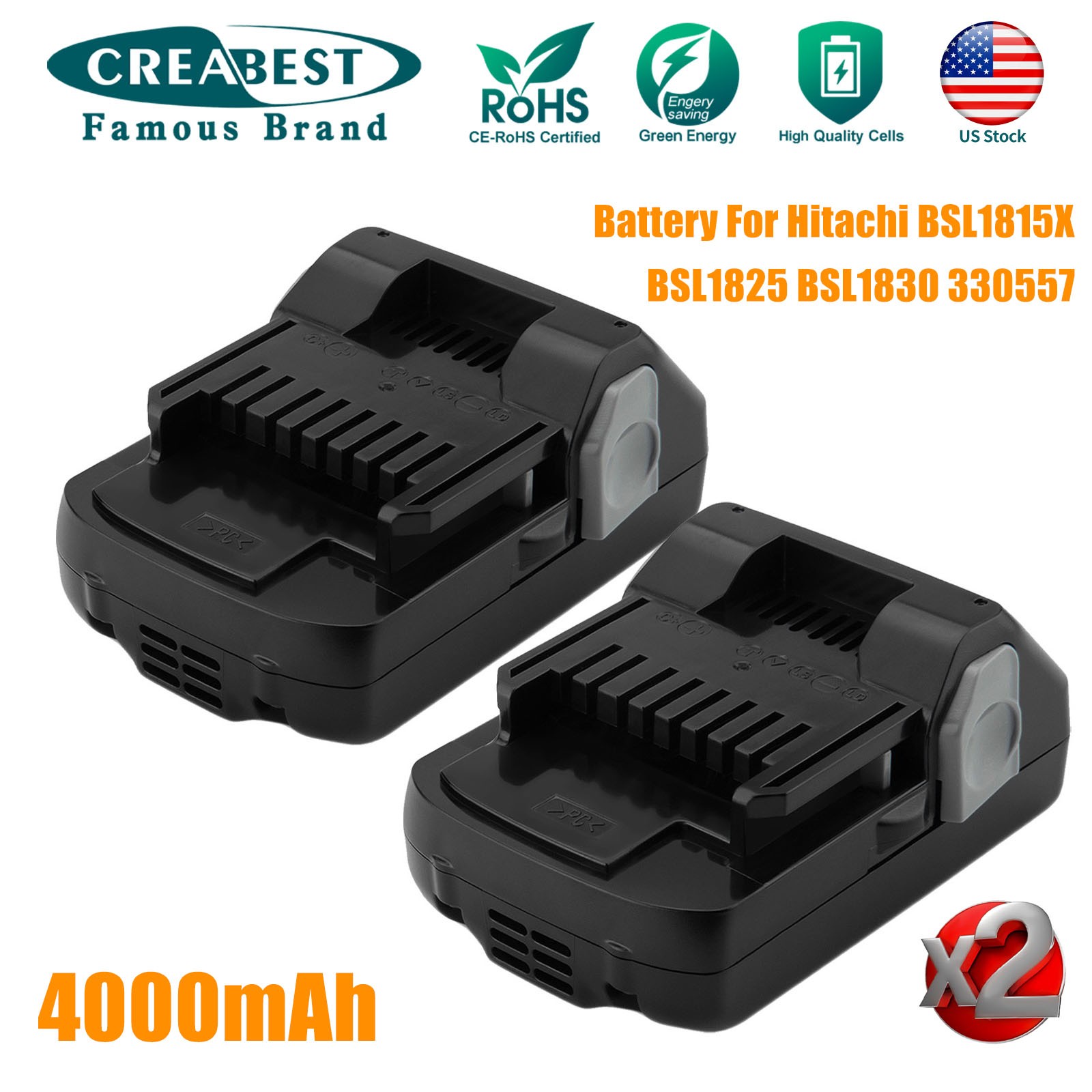 2pcs 18V 4.0Ah Li-ion Battery For Hitachi 330139 330557 BSL1830 BSL1825 BSL1815X