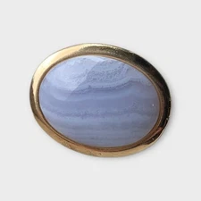 Vintage Blue Lace Agate Scarf Clip Gold Tone Oval Gemstone Style Accessory