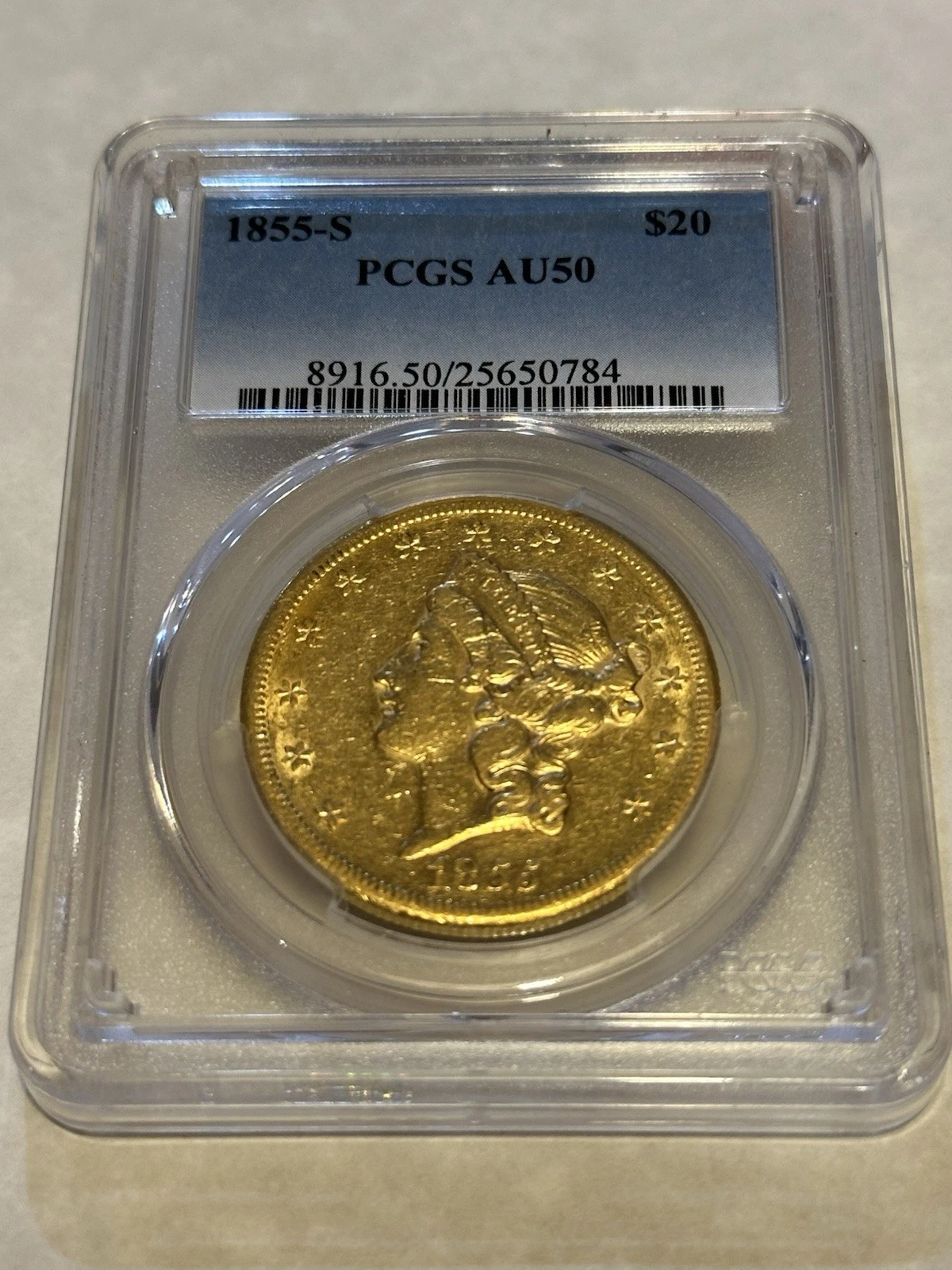 1855-S AU50 PCGS Liberty Double Eagle $20 Gold Coin PQ great appeal lustrous