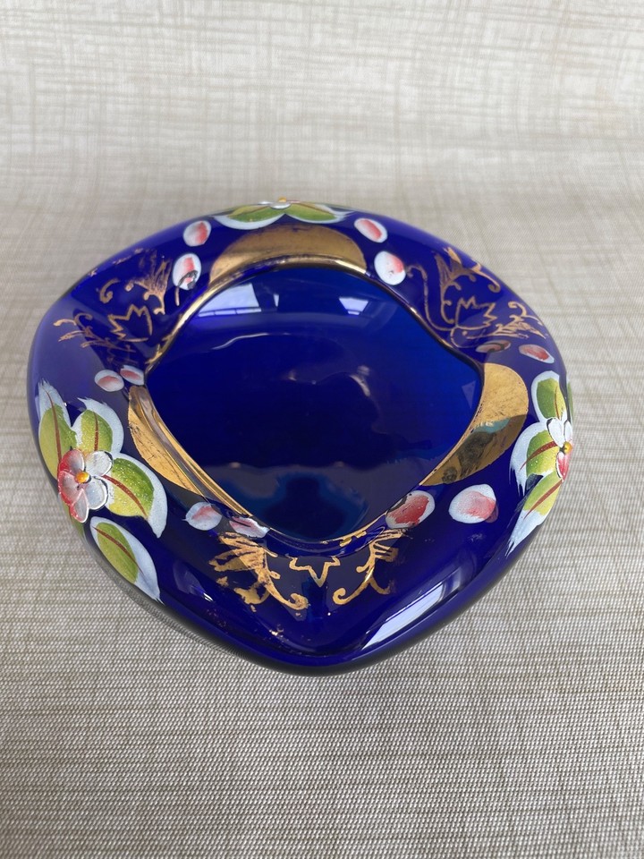 Vintage Bohemian Czech Glass Bowl Ashtray Cobalt Blue Hand Painted ...