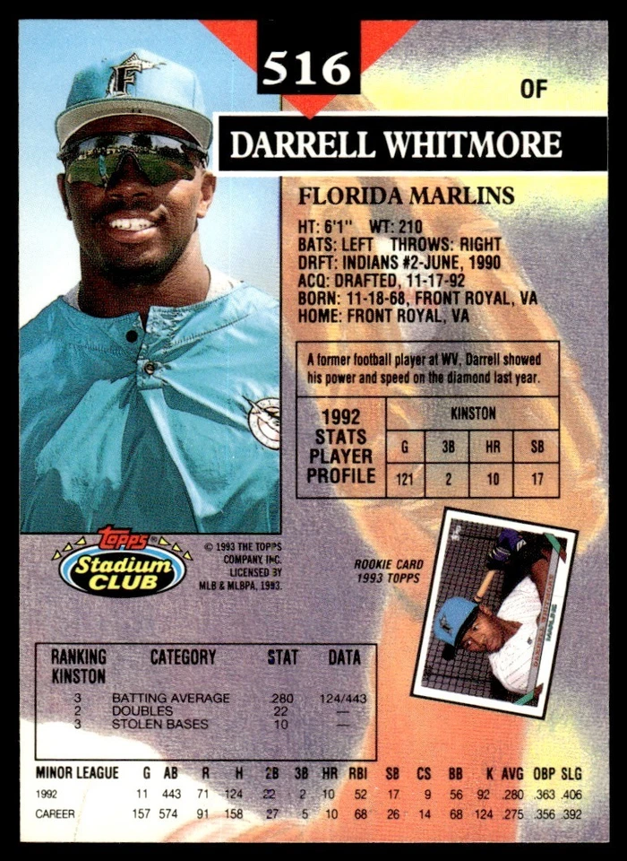 1993 Stadium Club Darrell Whitmore Florida Marlins #516 - Image 2 of 2