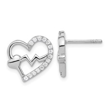 Sterling Silver Polished Cubic Zirconia Heartbeat Heart Stud Earrings 2.54gm