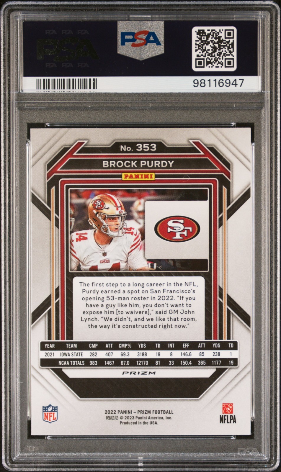 2022 Panini Prizm Brock Purdy #353 Silver Prizm Rookie RC PSA 10 GEM MINT view 2