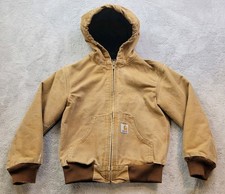 Carhartt Hooded Jacket Boys Medium 8 Brown Duck Canvas Lined Full Zip YYJ158