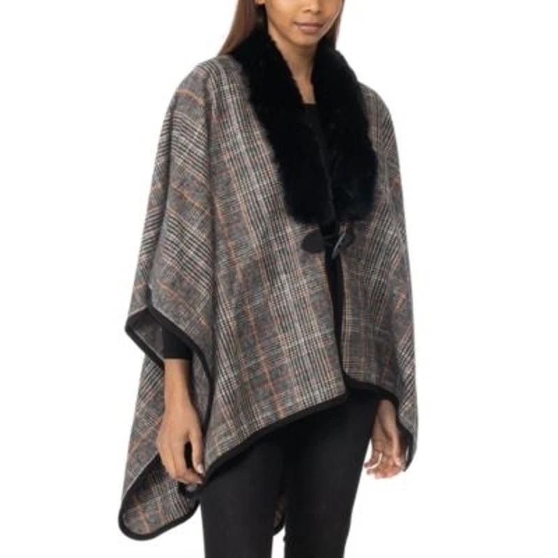 NWT Charter Club Tartan Plaid Poncho One Size Faux Fur Trim Toggle Closure Cape