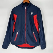 Ariat Jacket Women Sz L Blue Red Team Softshell Full Zip Wind Water Resistant