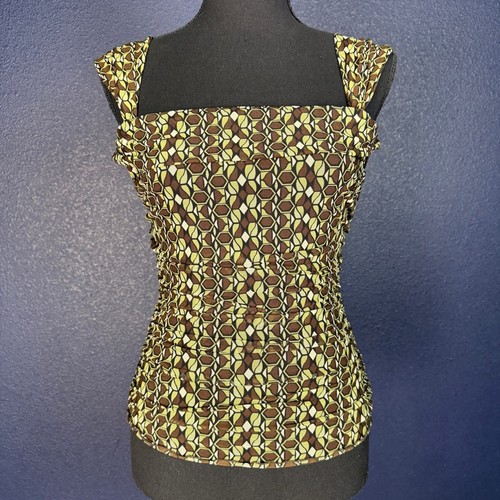 NWT Max Studio Sleeveless Stretch Ruched Blouse, Green & Brown, Size XS