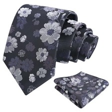 Mens 3.15'' Natural Flower Pattern Tie with Floral Pocket 146-black gray