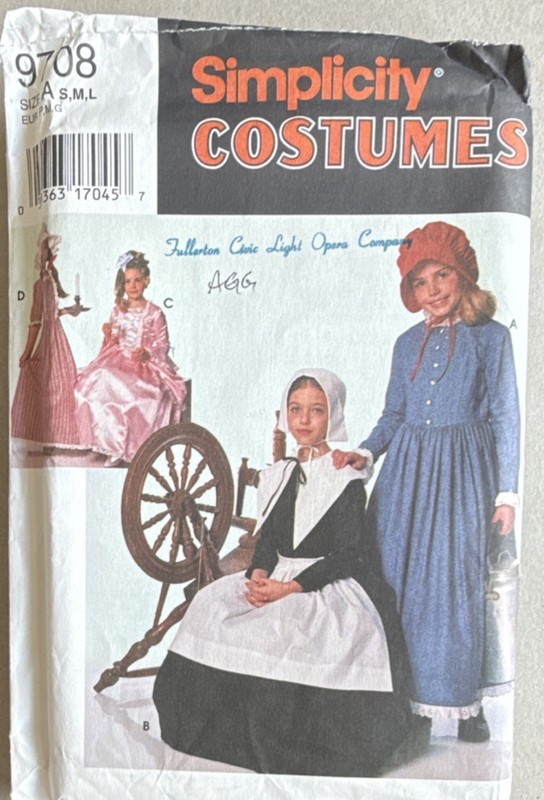 Simplicity 9708 Puritan Costume Pattern Child Girl Dress Apron Bonnet Vintage