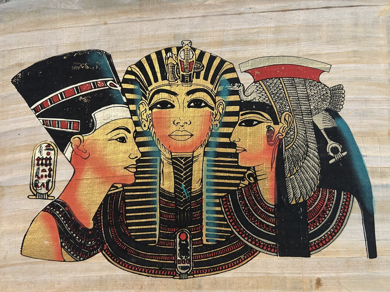 Egyptian Papyrus Handmade Nefertiti, Tutankhamun & Cleopatra.  15x12