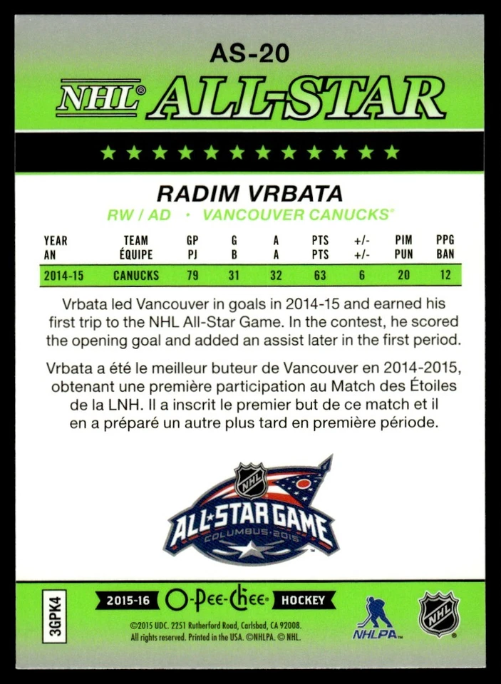 2015-16 O PEE CHEE NHL ALL STAR Radim Vrbata Vancouver Canucks #AS-20 - Image 2 of 2