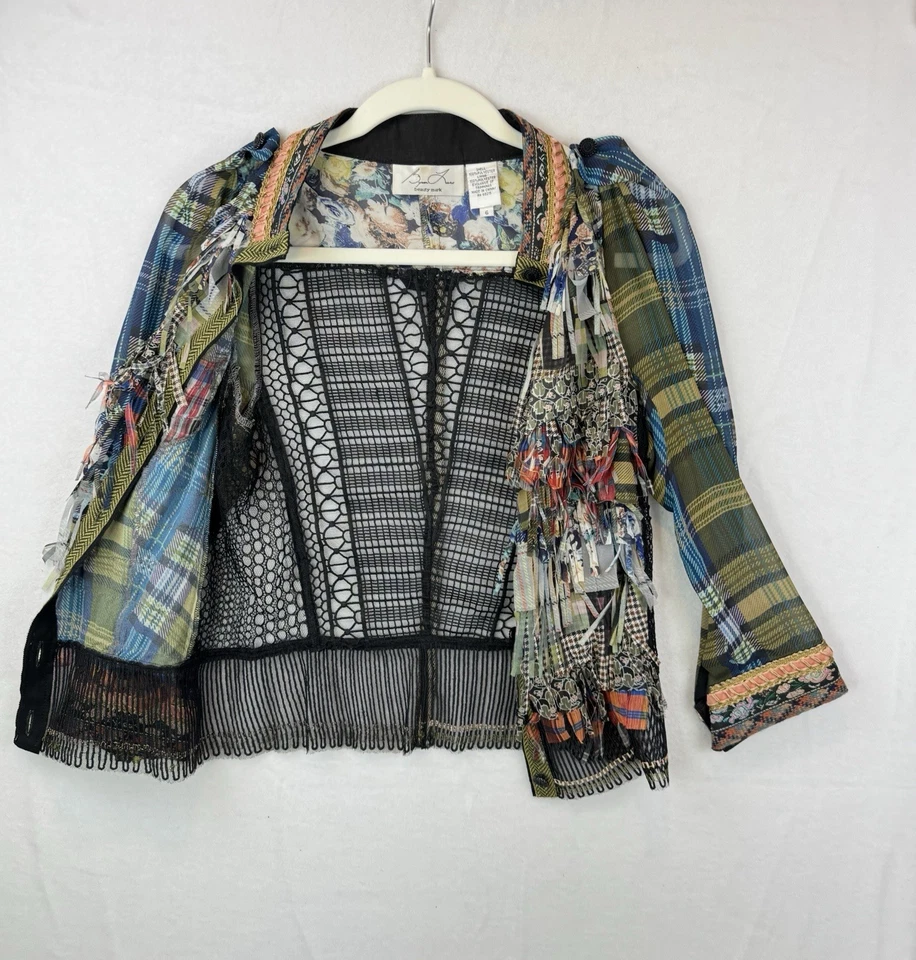 Byron Lars Beauty Mark Fringed Jacket Plaid Patchwork Sheer Lace Blouse Top Sz 6 - Image 3 of 4