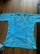 Polyester Chiffon Sequined Blue Indian Kurta Kurti Top, 48 Bust, 30 Long, New