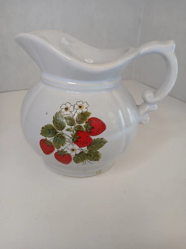 McCoy USA Pottery White Strawberry And Floral Pitcher.   Marked.  5.5"