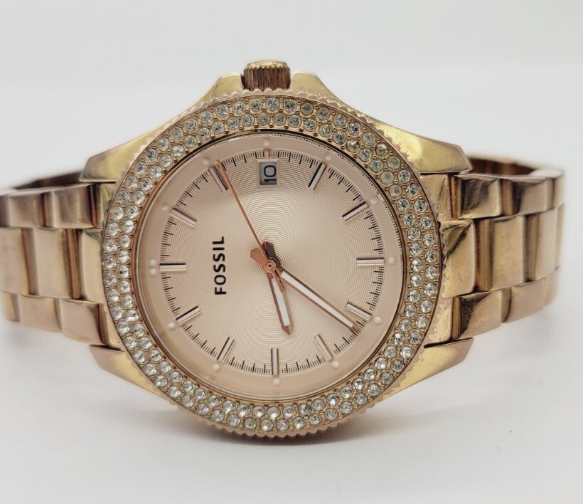 Fossil AM4454 Retro Traveler Rose Gold Watch with Crystal Bezel