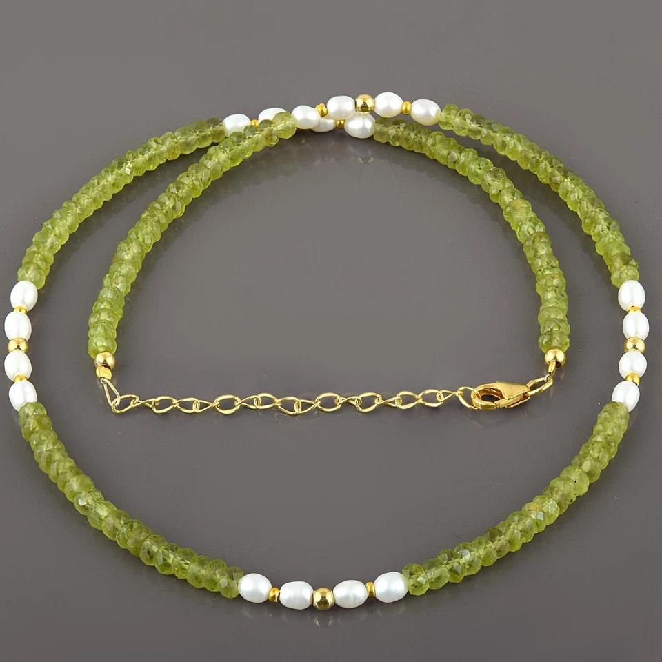 Natural Facetado Verde Peridoto y Perla Rondana Cuentas Plata Cadena 18" Collar - Imagen 3 de 4