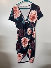 Floral Print Dress V Neck Bodycon Short Sleeve Ruched Rose Pattern
