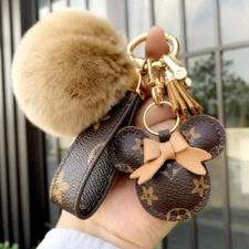 Quality Leather Cute Mickey Car Keychain,  bag pendant decoration with Pom Pom