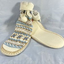 Women s Knit Slipper Socks White Blue Fairisle Pattern Faded Glory L/XL NEW
