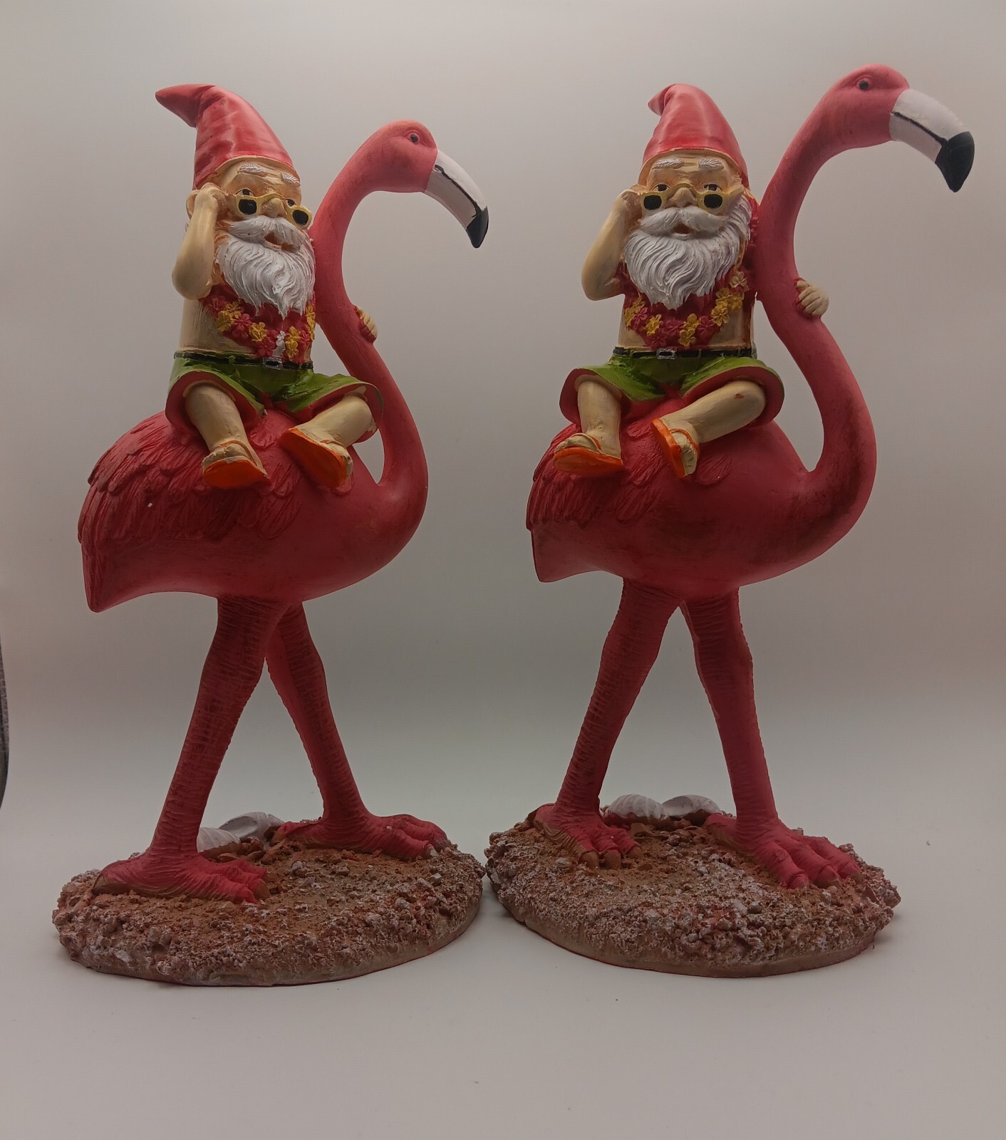 Lot Of 2 Outdoor Garden Cute Riding Flamingo Gnome Statue Resin Ornaments