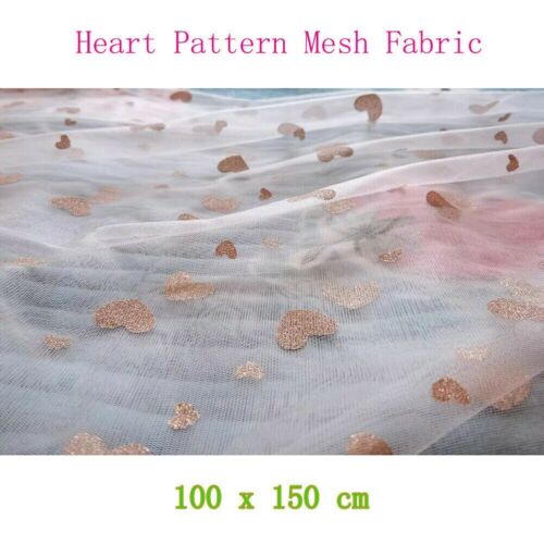1m Long Glitter Heart Pattern Mesh Sheer Fabric Dressmaking Costume Curtain - Picture 1 of 10