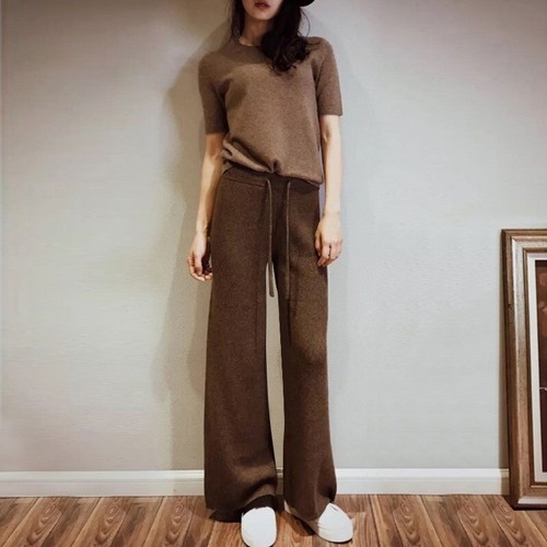 Damen Gestrickt Hose mit Weitem Bein Warm Kunst Kaschmir Hohe Taille Drapiert DE - Bild 18 von 19