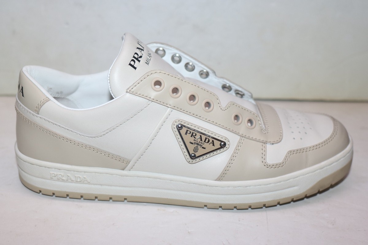 PRADA White/Beige Downtown Perforated Leather Sneakers